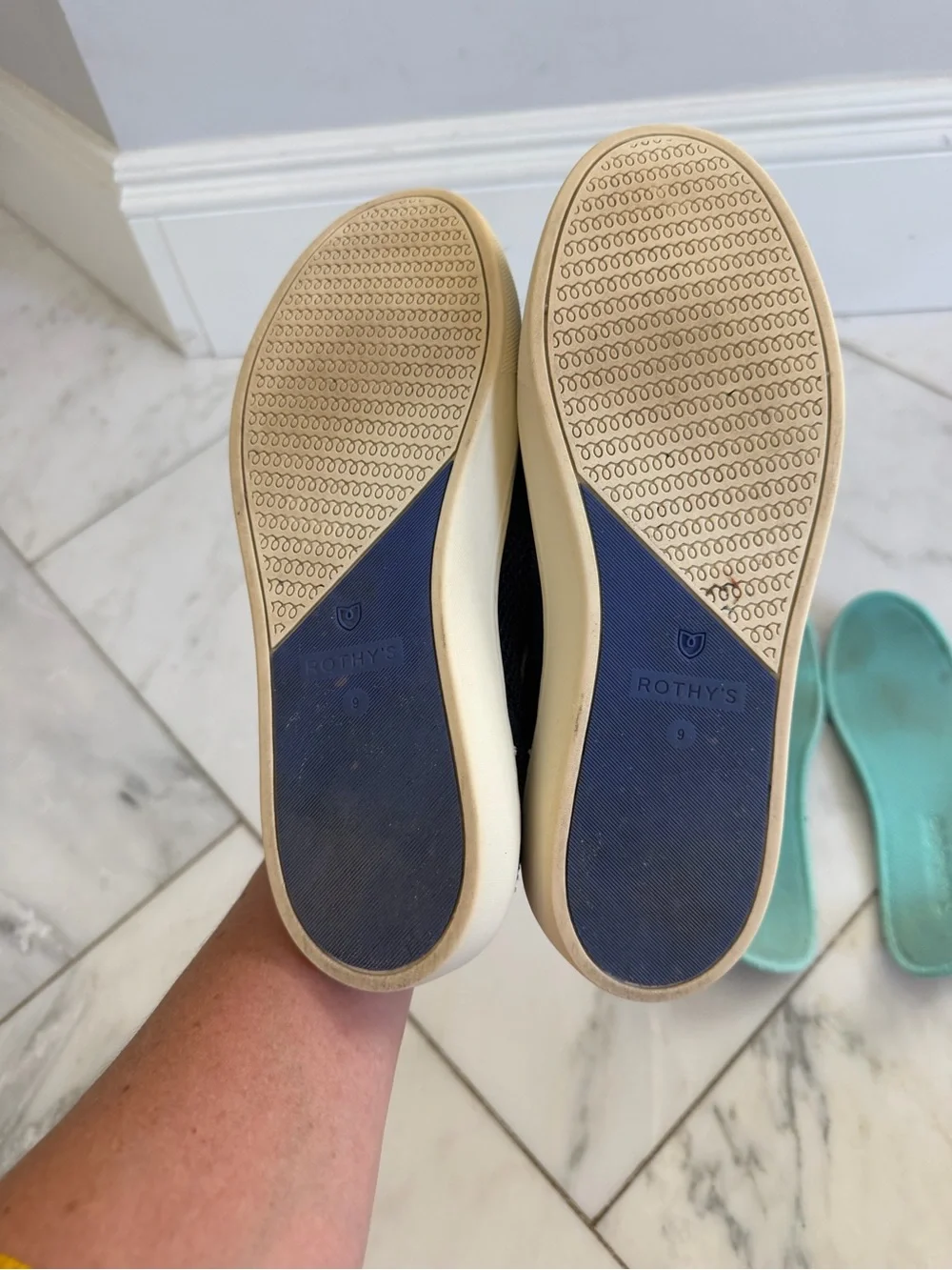 Rothy’s Women’s 9 Navy Blue Knit Flat Loafers with mint accents off white soles